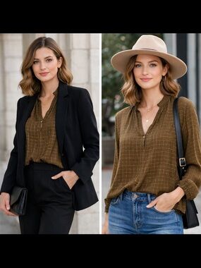 Apiece Apart blouse V neck khaki base metallic gold thread grid pattern Size 2?